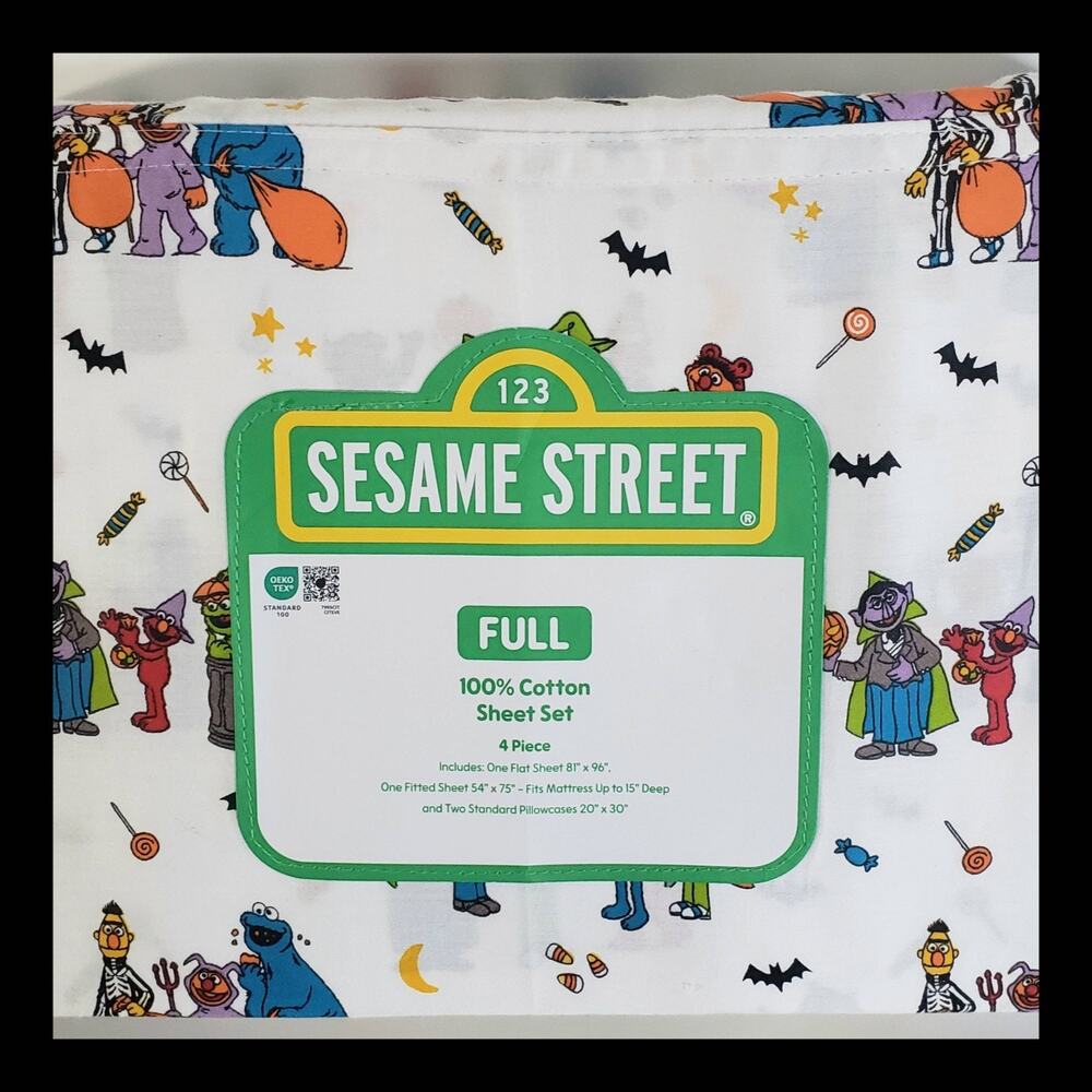 Halloween Full Size Sheet Set Sesame Street 4 Pc 100% Cotton Elmo Cookie Monster